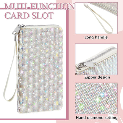 HOTMotiMind Silver Bling Gift Glitter Sparkly Wallet for Women Rhinestone/Pearl Wallet RFID Blocking Phone Purse Gifts for Mother's Day (Rhinestones)