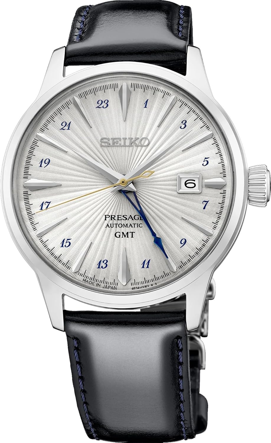 HOTSEIKO Presage SSK049 Men's Cocktail Time GMT Leather Band Silver Dial Automatic Watch