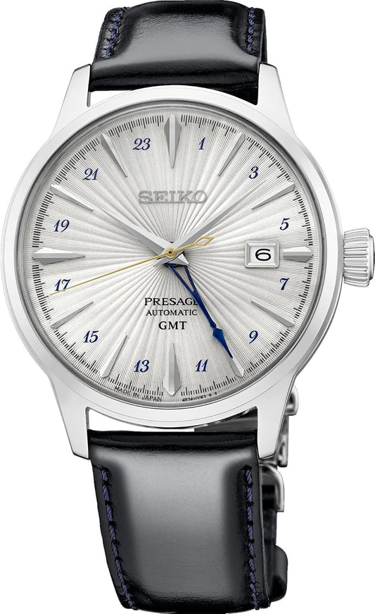HOTSEIKO Presage SSK049 Men's Cocktail Time GMT Leather Band Silver Dial Automatic Watch