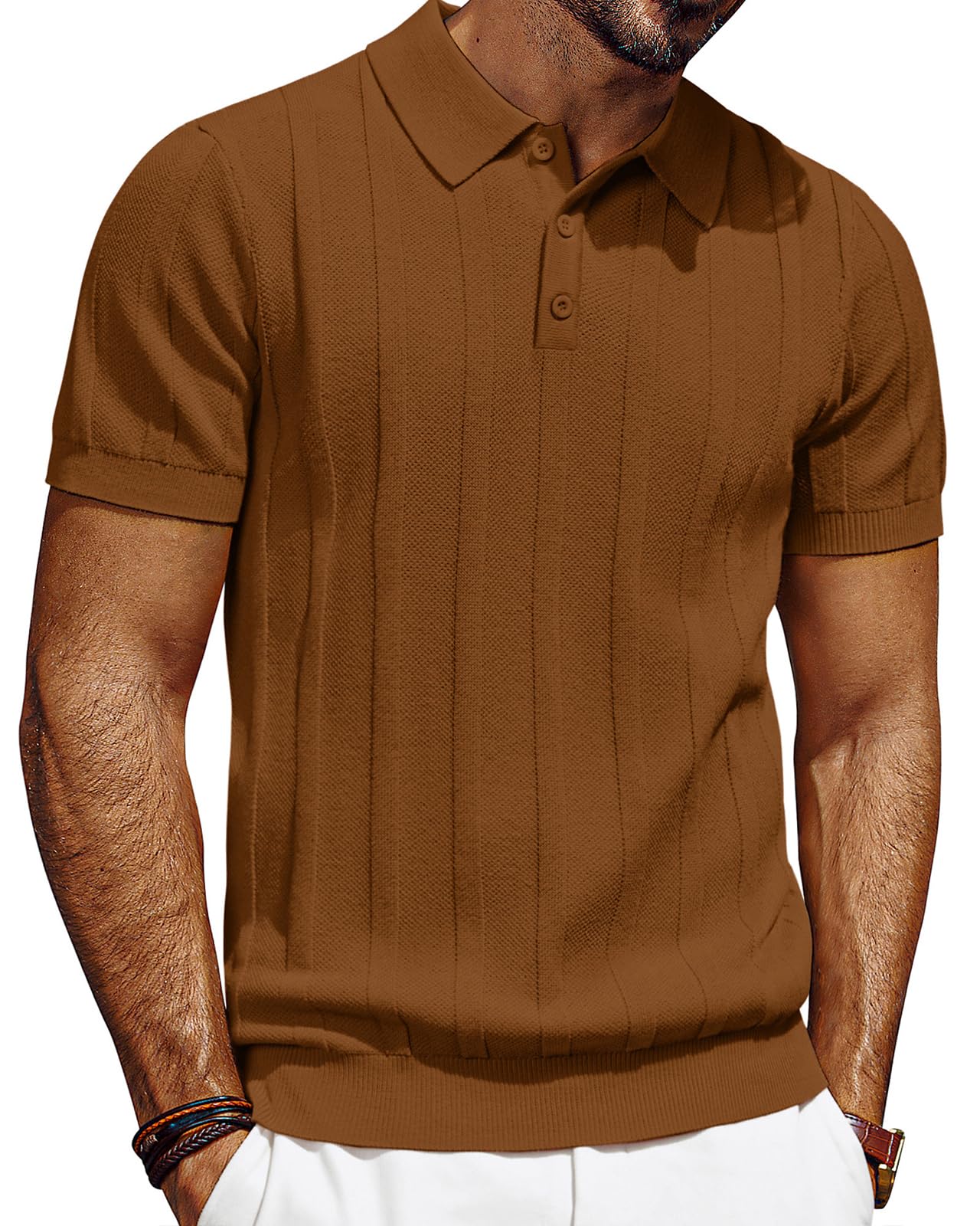 HOTPJ PAUL JONES Mens Polo Shirts Short Sleeve Textured Knit Polo Shirt Ribbed Casual Golf Shirts