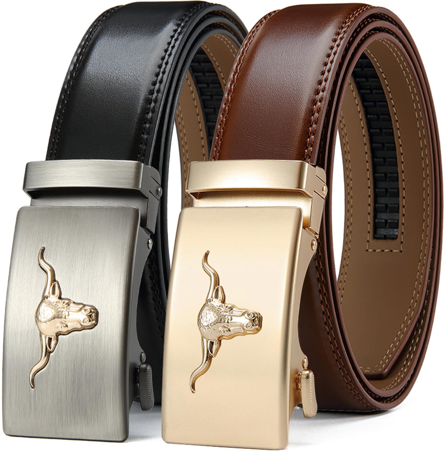 HOTDOOPAI Men's Leather Ratchet Belts 2 Pack Adjustable Click Belt Set for Dress & Casual, Custom Fit 1 3/8" (35mm) -Trim to Fit