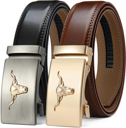 HOTDOOPAI Men's Leather Ratchet Belts 2 Pack Adjustable Click Belt Set for Dress & Casual, Custom Fit 1 3/8" (35mm) -Trim to Fit