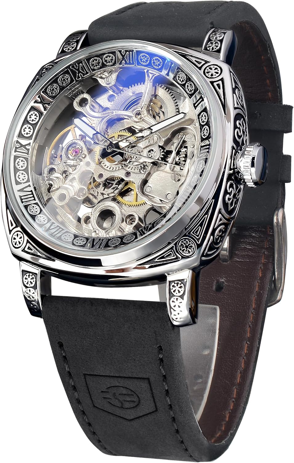 HOTFORSINING Watches for Man, Square Retro Mechanical Watch Self-Wind Carved, Skeleton Automatic Watches Vintage Leather Strap Wristwatch