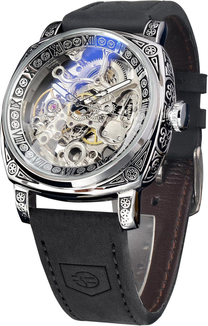 HOTFORSINING Watches for Man, Square Retro Mechanical Watch Self-Wind Carved, Skeleton Automatic Watches Vintage Leather Strap Wristwatch