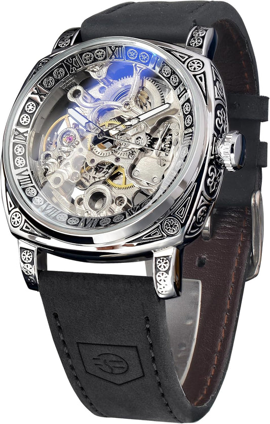 HOTFORSINING Watches for Man, Square Retro Mechanical Watch Self-Wind Carved, Skeleton Automatic Watches Vintage Leather Strap Wristwatch