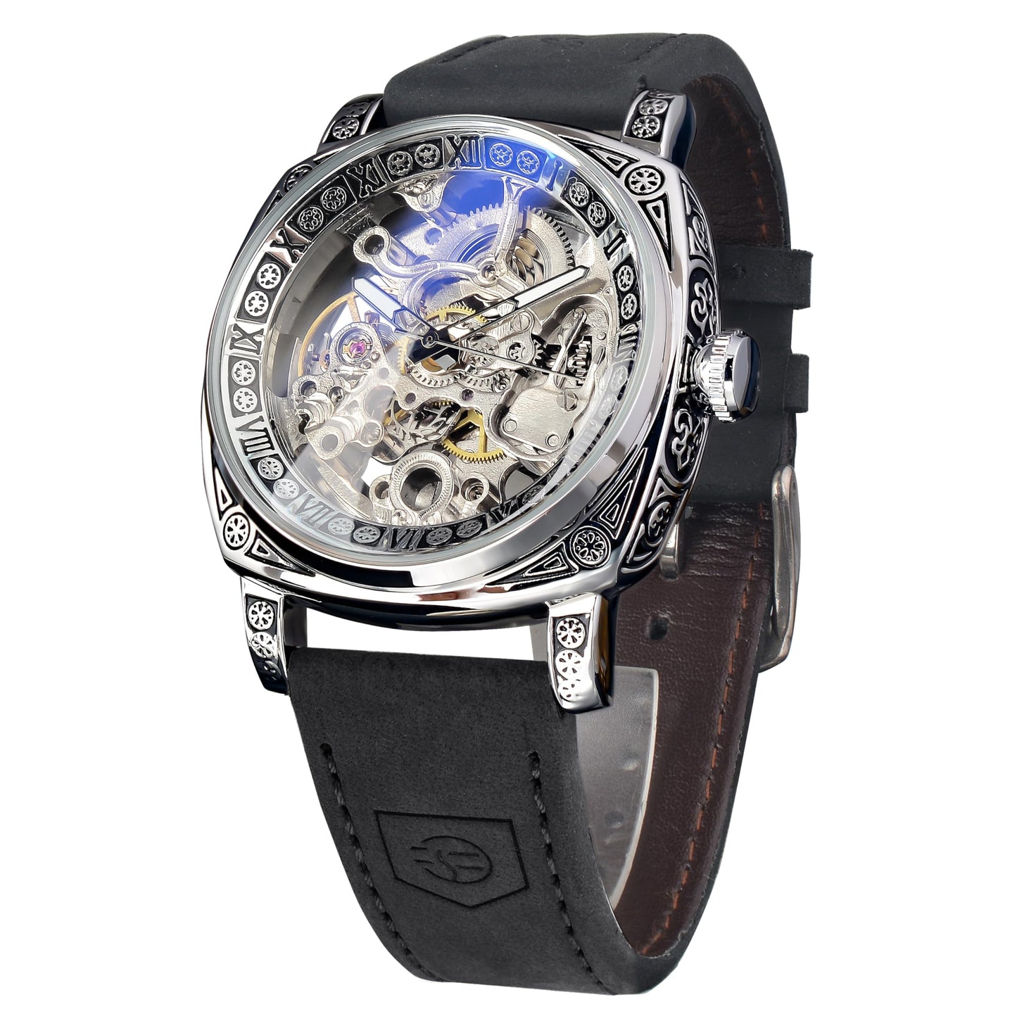 HOTFORSINING Watches for Man, Square Retro Mechanical Watch Self-Wind Carved, Skeleton Automatic Watches Vintage Leather Strap Wristwatch