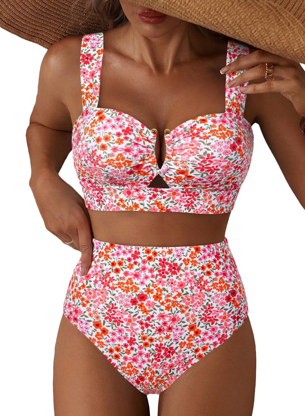 HOTHerseas Women's 2 Piece U Wire Cutout Bikini Sets Floral Print High Waisted Swimsuit 2026 Summer Beach Swim Bathing Suit
