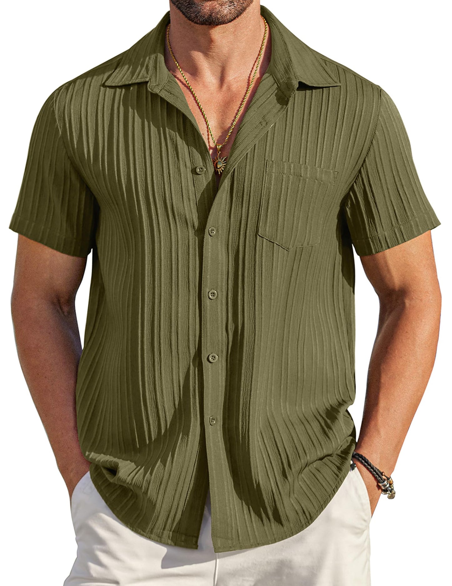 HOTCOOFANDY Men's Casual Button Down Shirts Short Sleeve Textured Summer Beach Shirt with Pocket