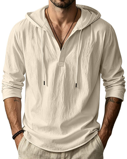 HOTMen's Cotton Linen Hoodies Casual Hooded Long Sleeve Button Down Shirts Lightweight Casual Hawaiian Beach Sweatshirts