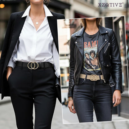 HOTXZQTIVE 3 Packs Women's Leather Belts For Jeans Dresses Pants Fashion Ladies Waist Belt with Double O-Ring Gold Buckle