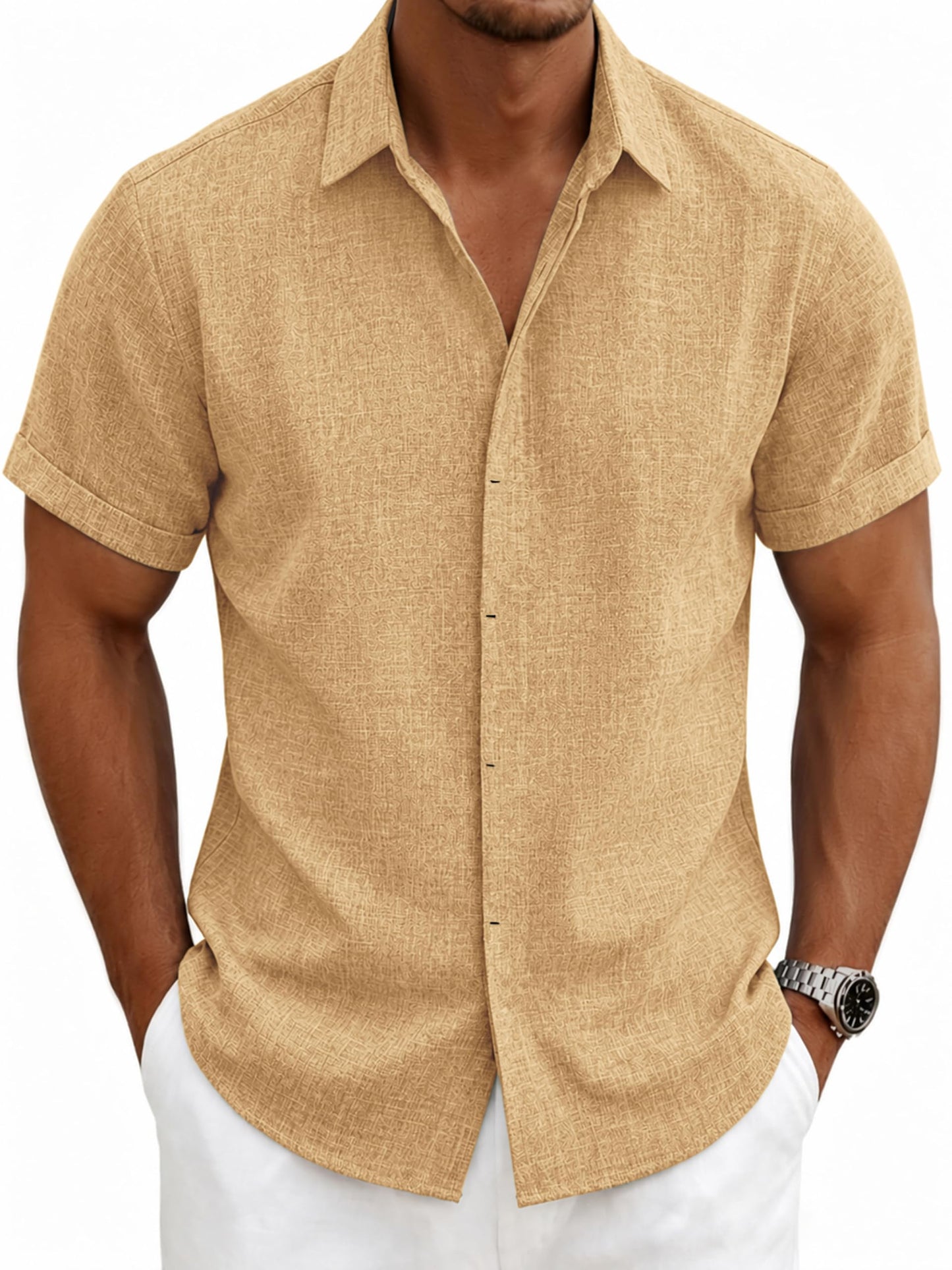 HOTMens Linen Shirts Short Sleeve Casual Shirt Button Down Summer Beach Vacation Tops Men Casual Dress Shirts Breathable