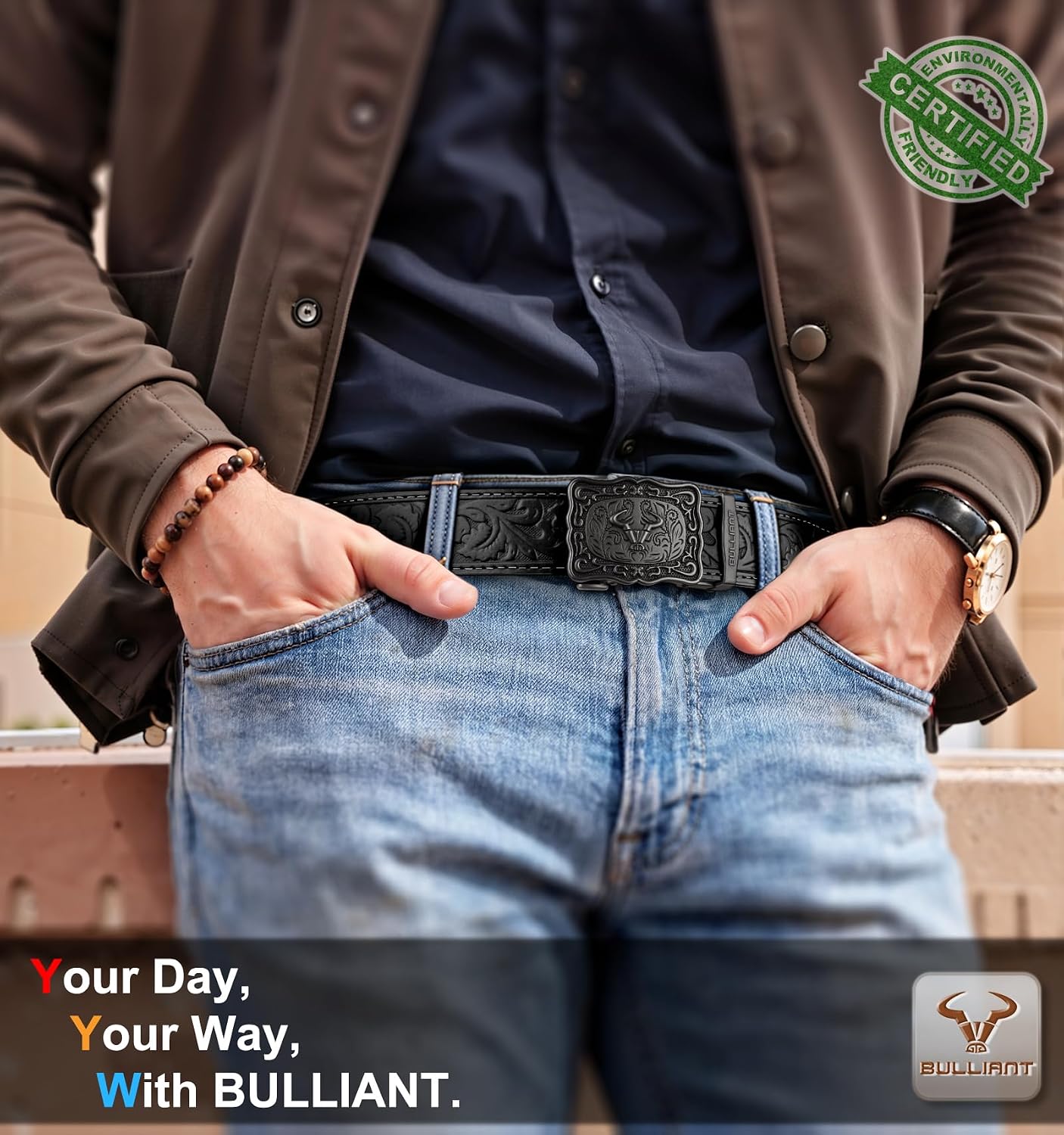 HOTBULLIANT Men Ratchet Western Trimmable Belt 1.5" Adjustable Fit Gift Boxed | Smooth Sliding | Precise Fit | Tailored Size | Holeless for Dress or Casual
