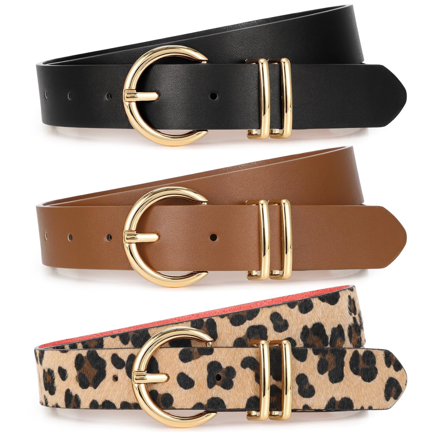 HOTXZQTIVE 3 Pack Women Belts For Jeans Dresses Pants Ladies Leather Waist Belt with Gold Buckle