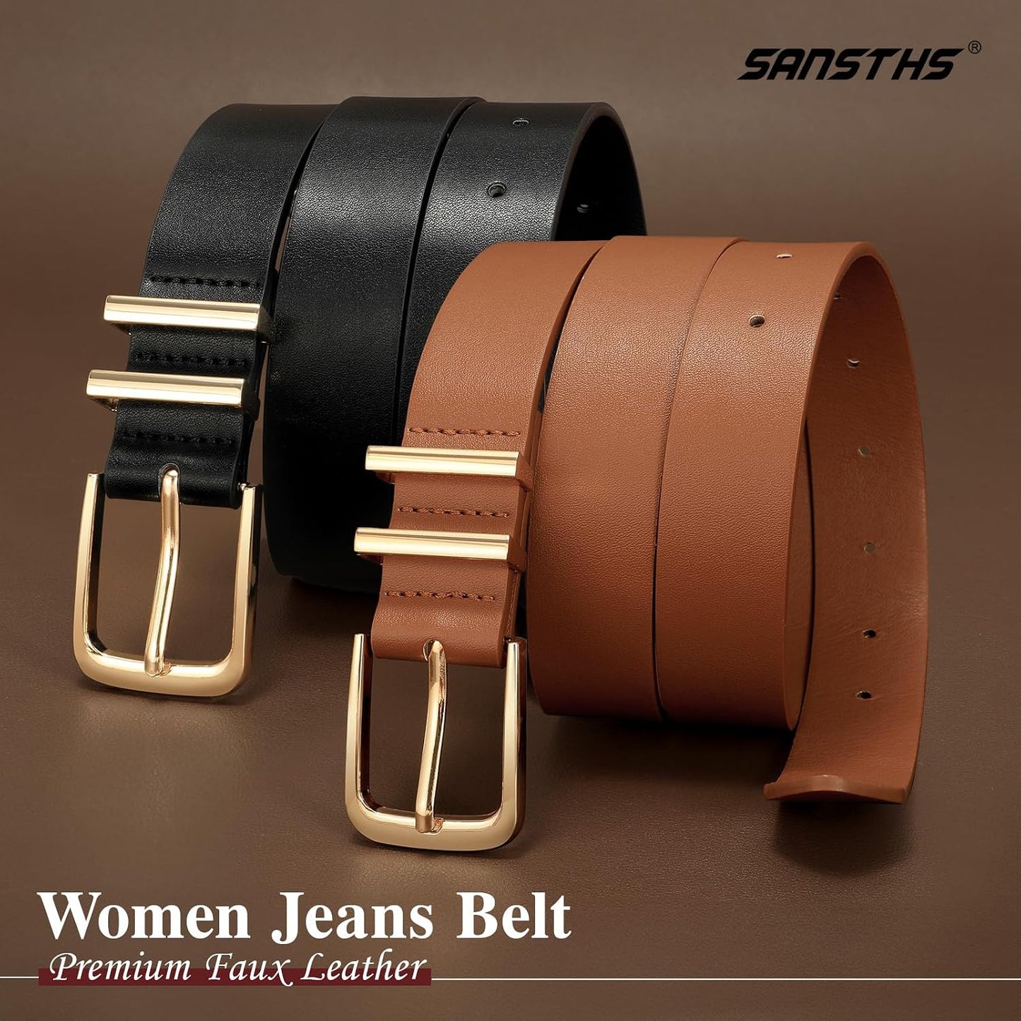 HOTSANSTHS 2 Pack Women Belt for Jeans Pants, Simple Fashion Ladies Waist Belt with Gold Buckle, 1inch Width