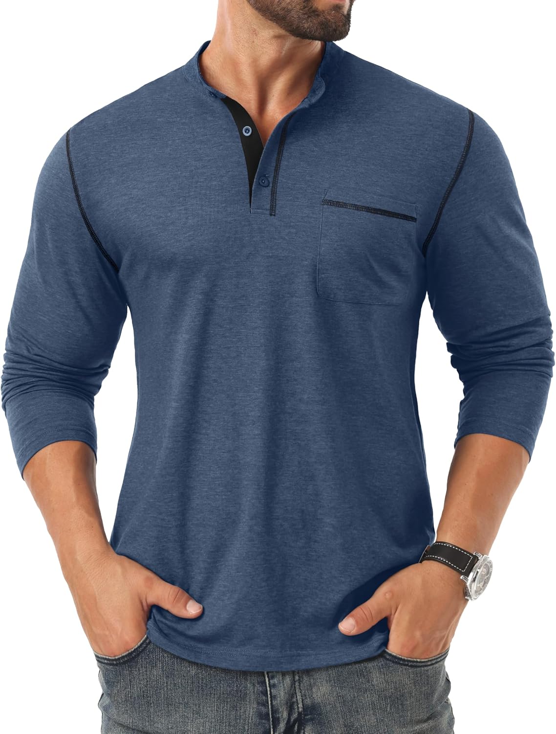 HOTSailwind Men's Henley Shirts Long Sleeve Button T-Shirt Casual Stylish Cotton Pullover Shirt with Pocket