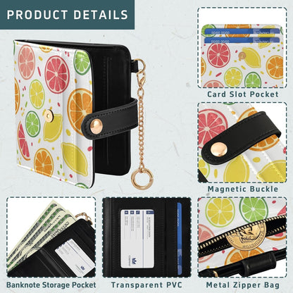 HOTDOMIKING White Fruits Orange Print Small Women Wallet Bifold RFID Blocking Leather Compact Card Holder with Coin Pocket Zipper Purse for Women Ladies Girls
