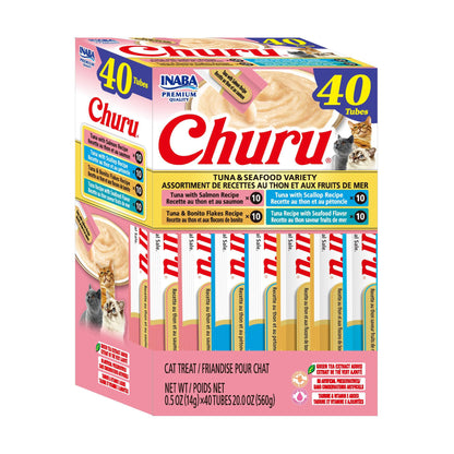 HOTINABA Churu Cat Treats, Lickable, Squeezable Creamy Purée Cat Treat with Green Tea Extract & Taurine, 0.5 Ounces Each Tube, 20 Tubes, Tuna & Seafood Variety Box