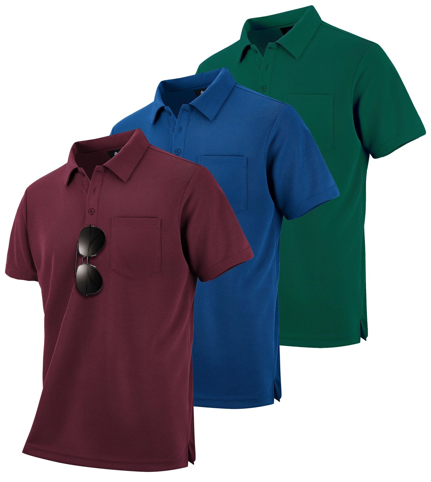 HOTZITY Men's 3 Pack Polo Shirts Short Sleeve with Pocket Moisture Wicking Casual Work Golf Lightweight Collared T-Shirts