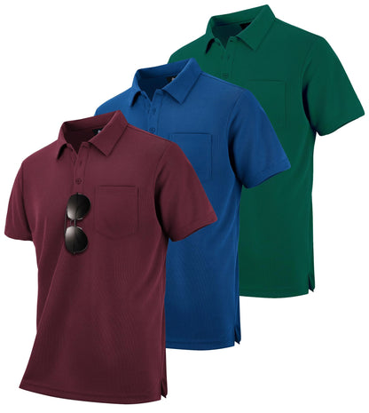 HOTZITY Men's 3 Pack Polo Shirts Short Sleeve with Pocket Moisture Wicking Casual Work Golf Lightweight Collared T-Shirts