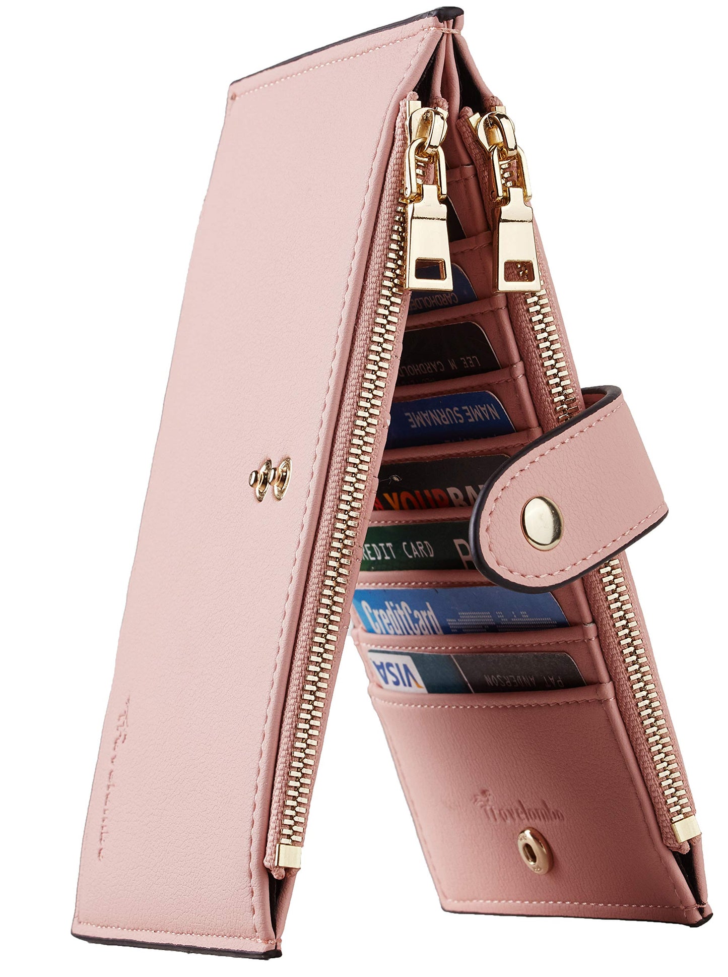 HOTTravelambo Womens Leather Bifold Wallet, Slim RFID Blocking Card Holder | Large Capacity, 16 Card Slots & ID Window, 2 Zipper Pockets, Dual Snap Closure, Slim Lightweight, RFID Privacy Protection