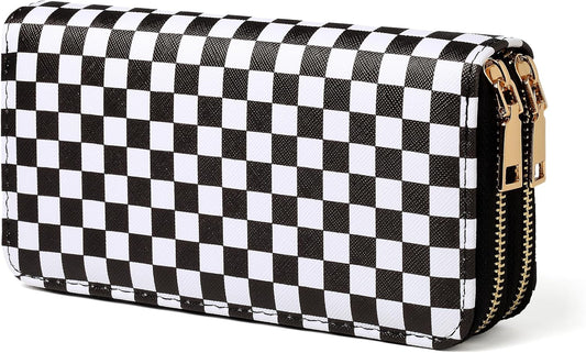 HOTCheckered Wallets for Women Cute Large Capacity Black White Plaid Purse 2 Zippers Credit Card Holder (checkered)