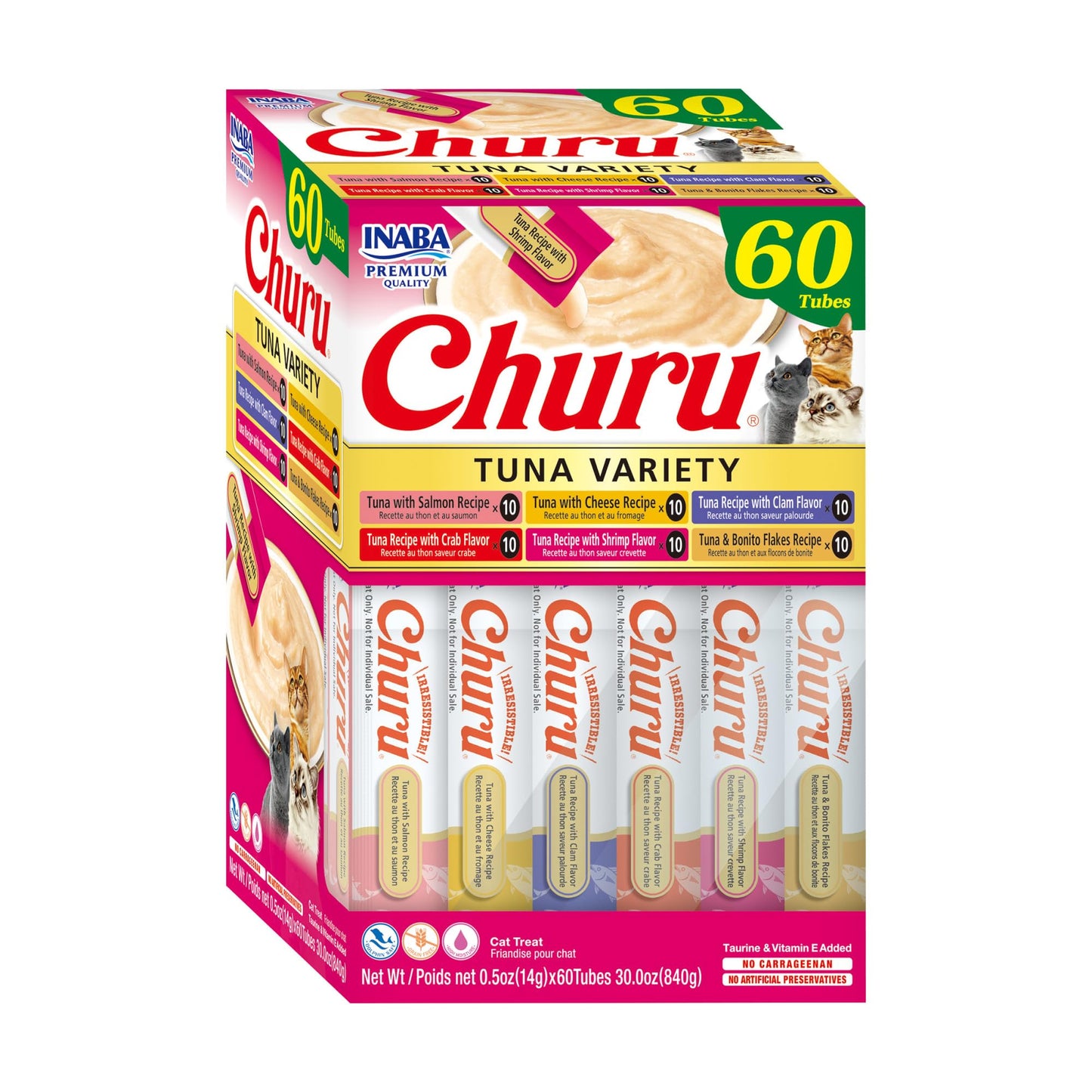 HOTINABA Churu Cat Treats, Lickable, Squeezable Creamy Purée Cat Treat with Green Tea Extract & Taurine, 0.5 Ounces Each Tube, 50 Tubes, Tuna & Chicken Variety
