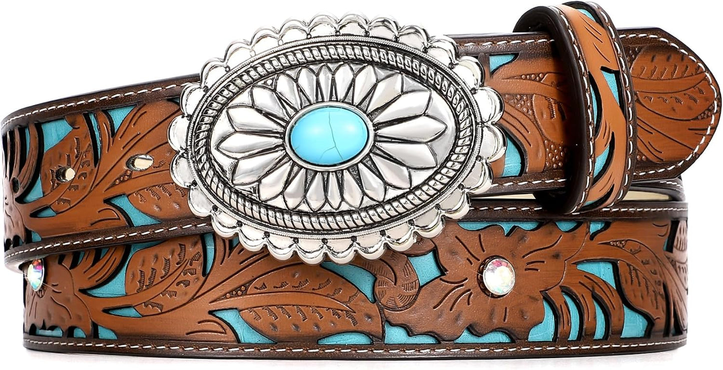 HOTXZQTIVE Women Western Leather Belt Vintage Country Belts For Cowgirl Jeans Dresses Ladies Concho Belt With Turquoise Buckle