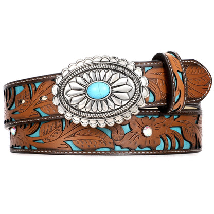 HOTXZQTIVE Women Western Leather Belt Vintage Country Belts For Cowgirl Jeans Dresses Ladies Concho Belt With Turquoise Buckle