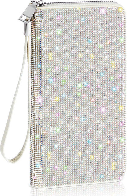 HOTMotiMind Silver Bling Gift Glitter Sparkly Wallet for Women Rhinestone/Pearl Wallet RFID Blocking Phone Purse Gifts for Mother's Day (Rhinestones)