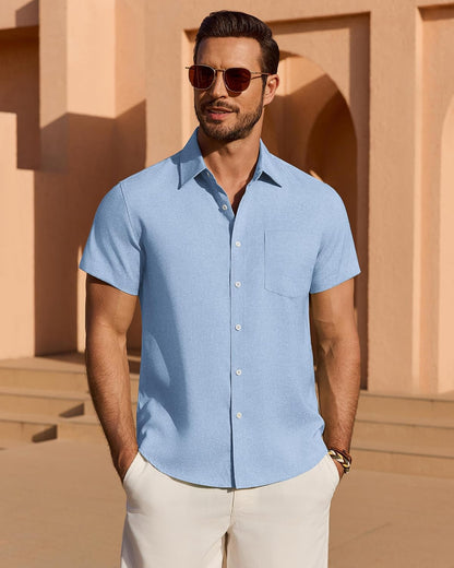 HOTMens Linen Shirt Short Sleeve Wrinkle Free Casual Untucked Button Down Shirts Beach Breathable Tops Summer