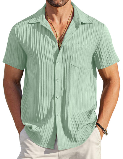 HOTCOOFANDY Men's Casual Button Down Shirts Short Sleeve Textured Summer Beach Shirt with Pocket
