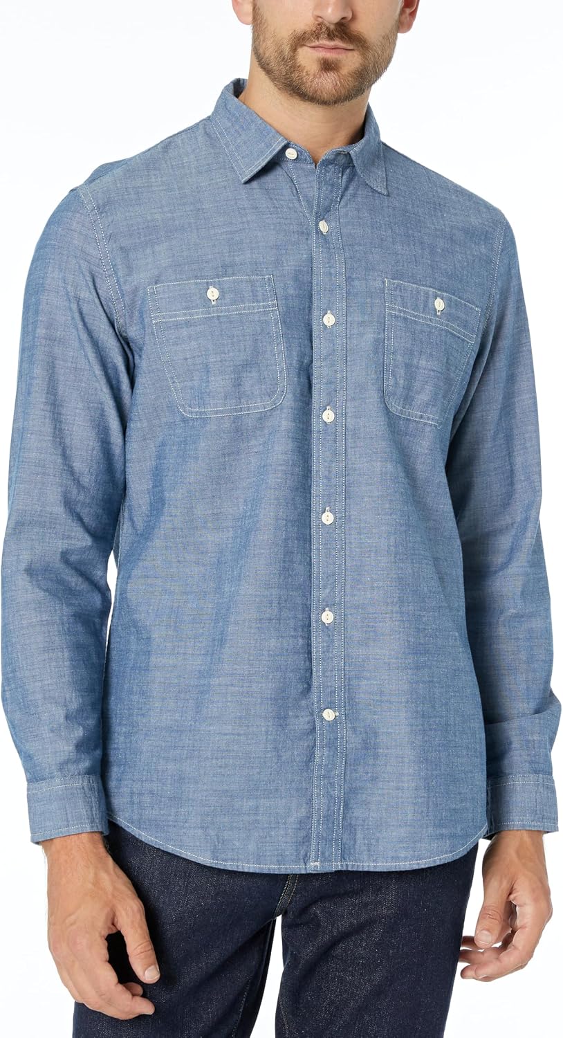 HOTAmazon Essentials Men's Regular-Fit Long-Sleeve Lightweight Cotton Chambray Shirt with Pockets