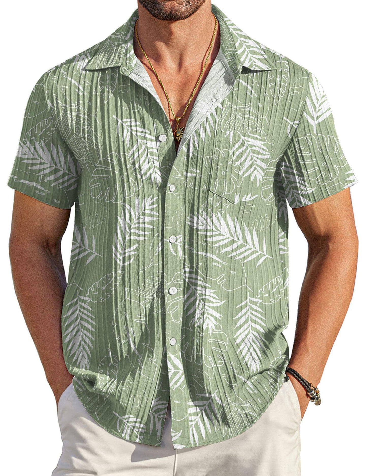 HOTCOOFANDY Men's Casual Button Down Shirts Short Sleeve Textured Summer Beach Shirt with Pocket
