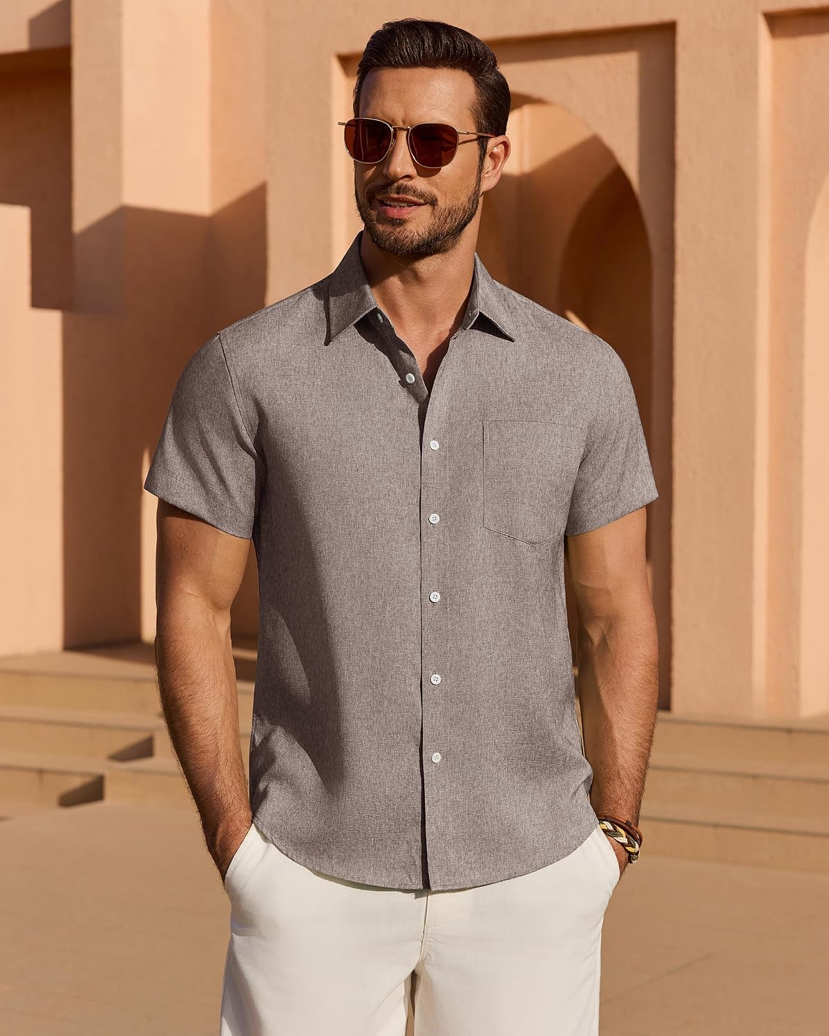 HOTMens Linen Shirt Short Sleeve Wrinkle Free Casual Untucked Button Down Shirts Beach Breathable Tops Summer