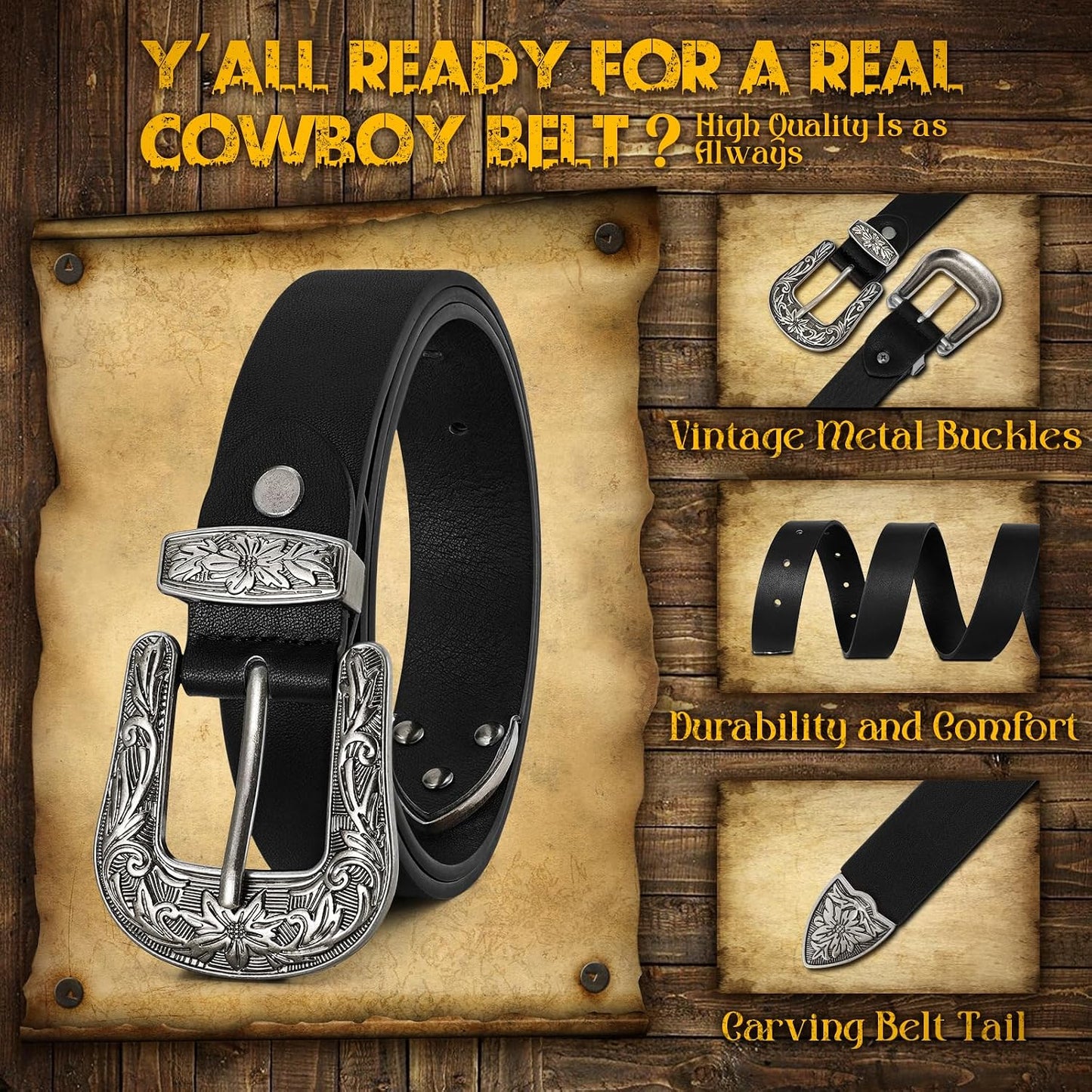 HOTJASGOOD Women Leather Belts Ladies Vintage Western Design Black Waist Belt for Pants Jeans Dresses