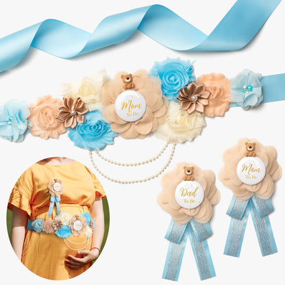 HOTBaby Shower Sash Decorations Mom to Be Corsage Gift Dad to Be Pin 3Pack Set Flower Belt for Maternity Dress - Gender Reveal Pregnancy Photo Props