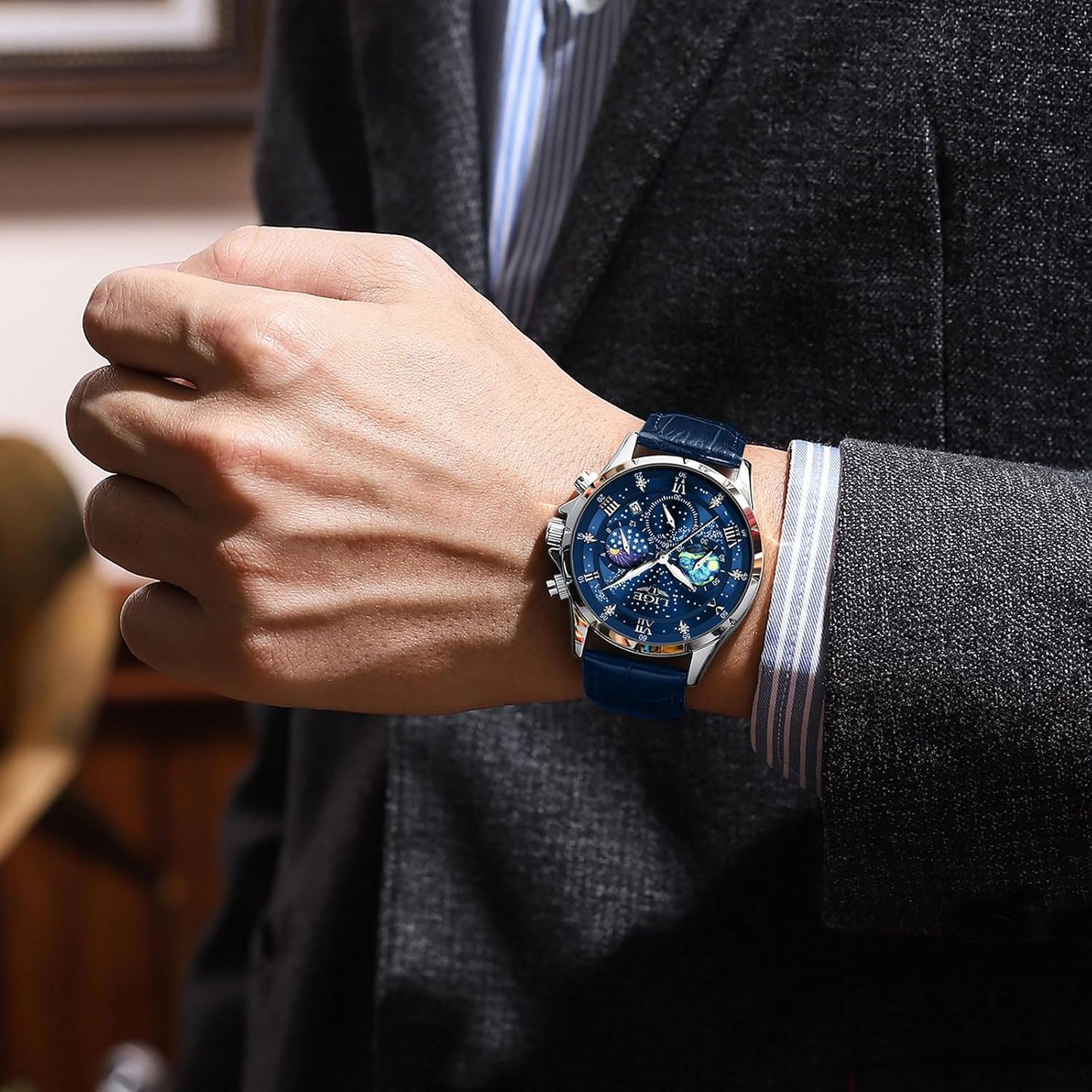 HOTLIGE Waterproof Watches for Men Analog Dress Water Proof Chronograph Work Casual Leather Water-Resistant Lunar Phase Display Quartz Wristwatch with Date & Luminous Men's Wrist Watch