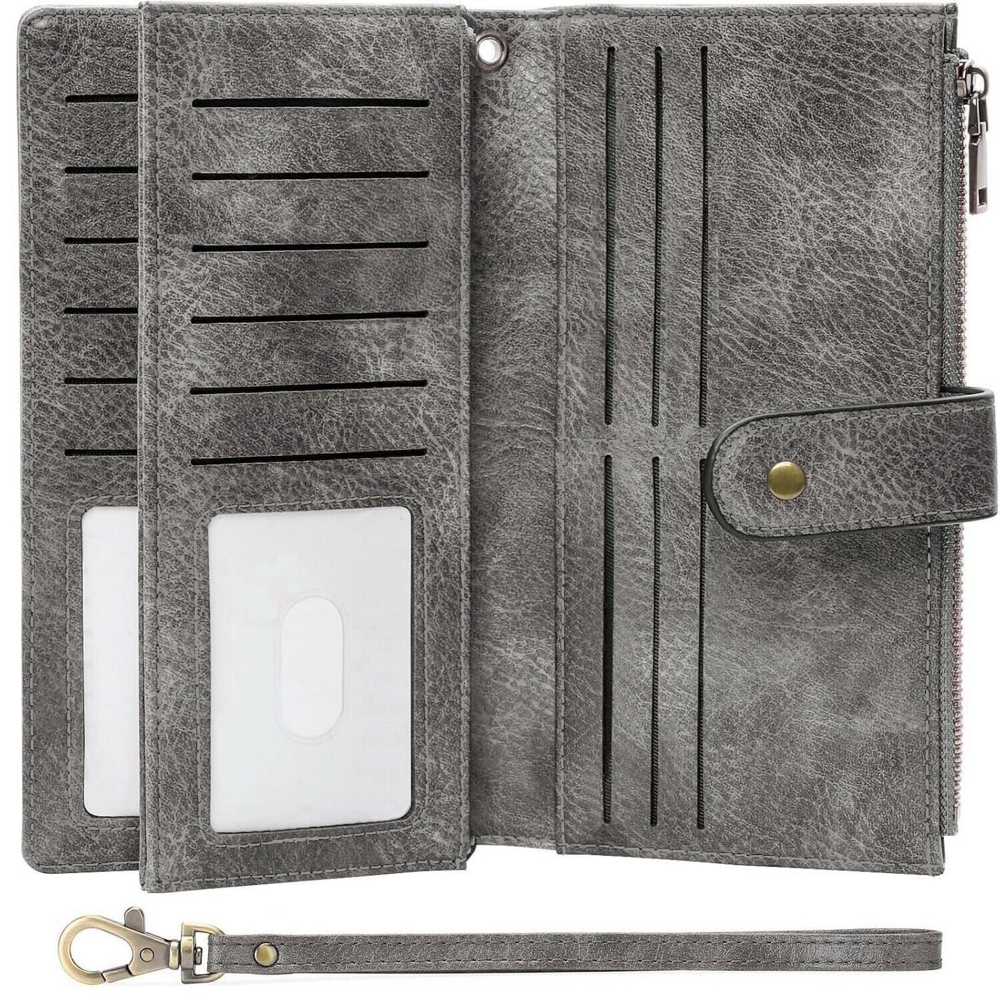 HOTGOIACII Large Wallet for Women Leather Wristlet Brown | RFID Blocking, Multi-card Slots, Detachable Wrist Strap, Trifold Clutch Purse