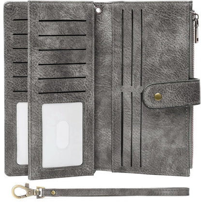 HOTGOIACII Large Wallet for Women Leather Wristlet Brown | RFID Blocking, Multi-card Slots, Detachable Wrist Strap, Trifold Clutch Purse