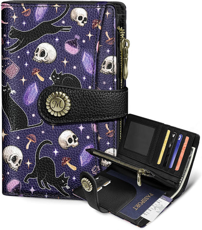 HOTGoth Black Cat Wallet Women RFID Skull Passport Credit Card Holder | Travel billfold, Zipper Coin Pocket, PU Leather, Clutch, Cash Purse, 1 ID Window, Ticket, Pen Holder, Gift for Ladies Girls