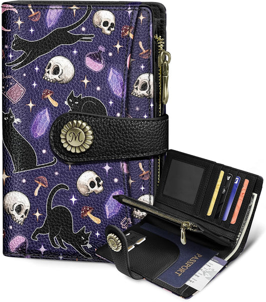 HOTGoth Black Cat Wallet Women RFID Skull Passport Credit Card Holder | Travel billfold, Zipper Coin Pocket, PU Leather, Clutch, Cash Purse, 1 ID Window, Ticket, Pen Holder, Gift for Ladies Girls