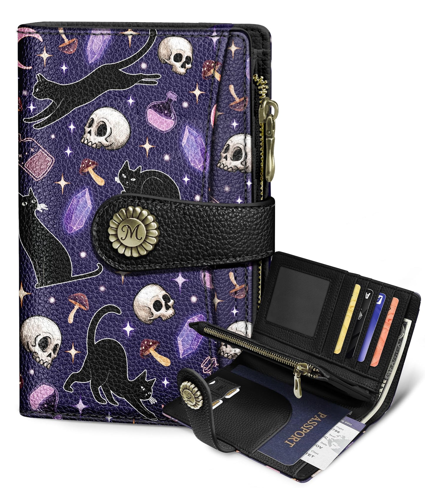 HOTGoth Black Cat Wallet Women RFID Skull Passport Credit Card Holder | Travel billfold, Zipper Coin Pocket, PU Leather, Clutch, Cash Purse, 1 ID Window, Ticket, Pen Holder, Gift for Ladies Girls