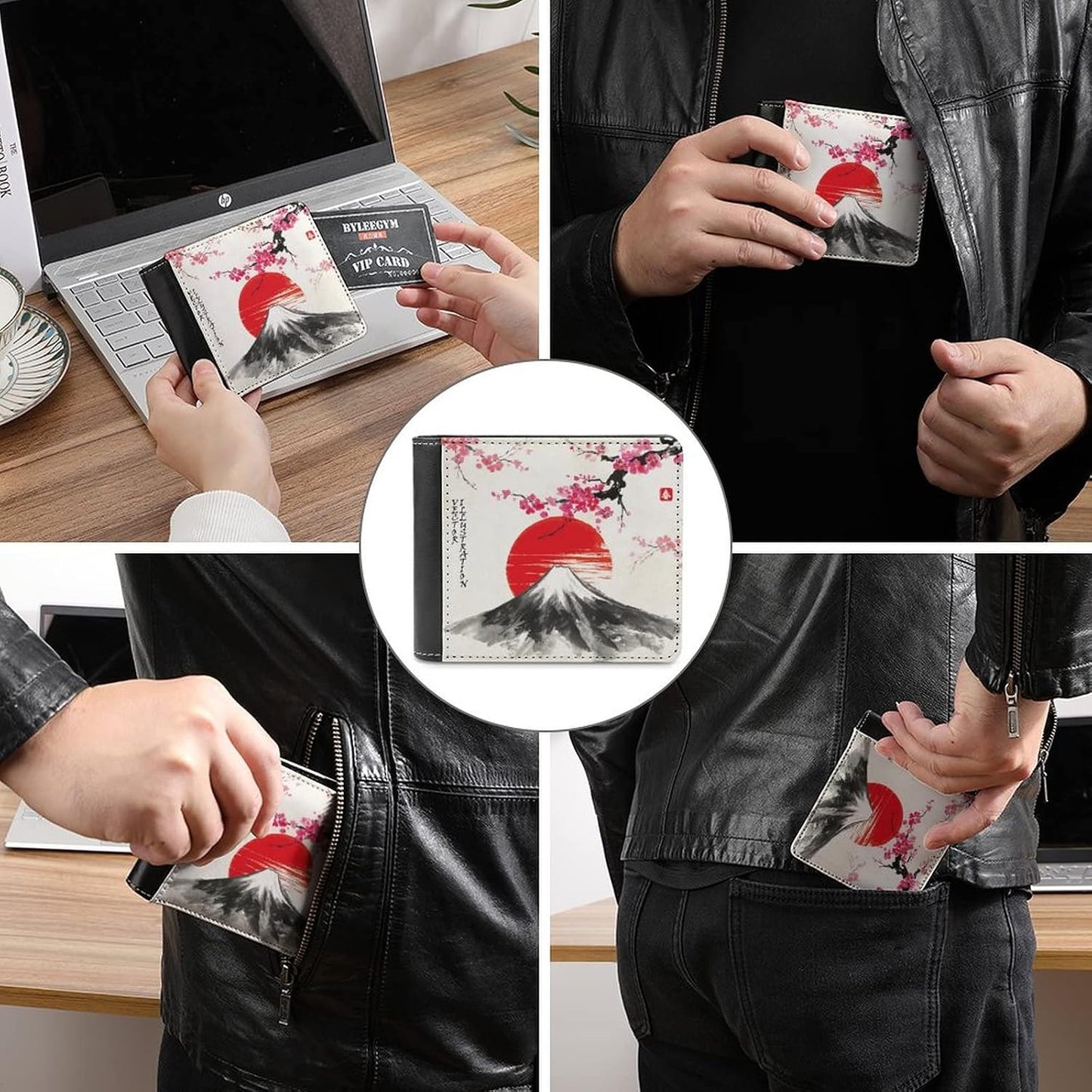 HOTOyihfvs Pink Cherry Blossom Red Sun Japanese Mountain Fuji PU Leather Bifold Wallet Coin Purse Soft Stylish Credit Pass Case Card-Holder for Boy Girl Men Woman Money Storage