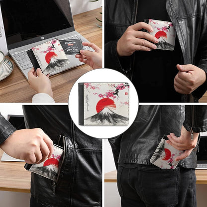 HOTOyihfvs Pink Cherry Blossom Red Sun Japanese Mountain Fuji PU Leather Bifold Wallet Coin Purse Soft Stylish Credit Pass Case Card-Holder for Boy Girl Men Woman Money Storage