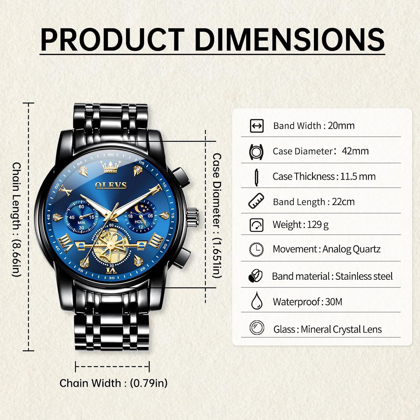 HOTOLEVS Watches for Men Dress Watch Chronograph Luxury Stainless Steel Big Face Men Watches Multi-Function Easy to Read Diamond Roman Numerals Business Wristwatch Reloj para Hombre