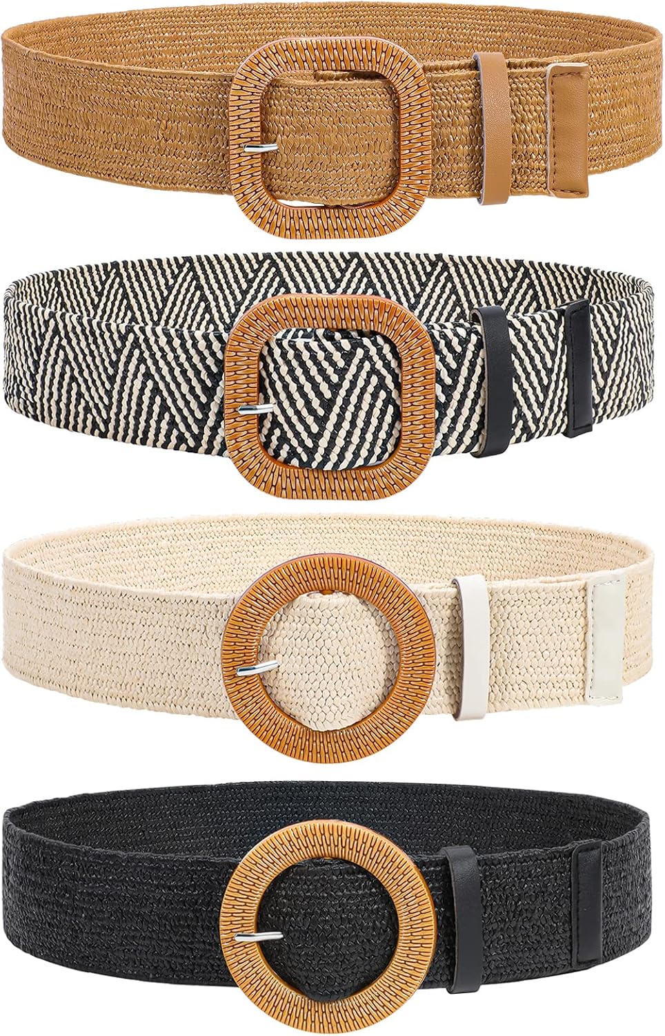 HOTVONMELLI 4 Pack Straw Woven Elastic Stretch Waist Belt for Women Fashion Dress, Boho Braided Women's Belts