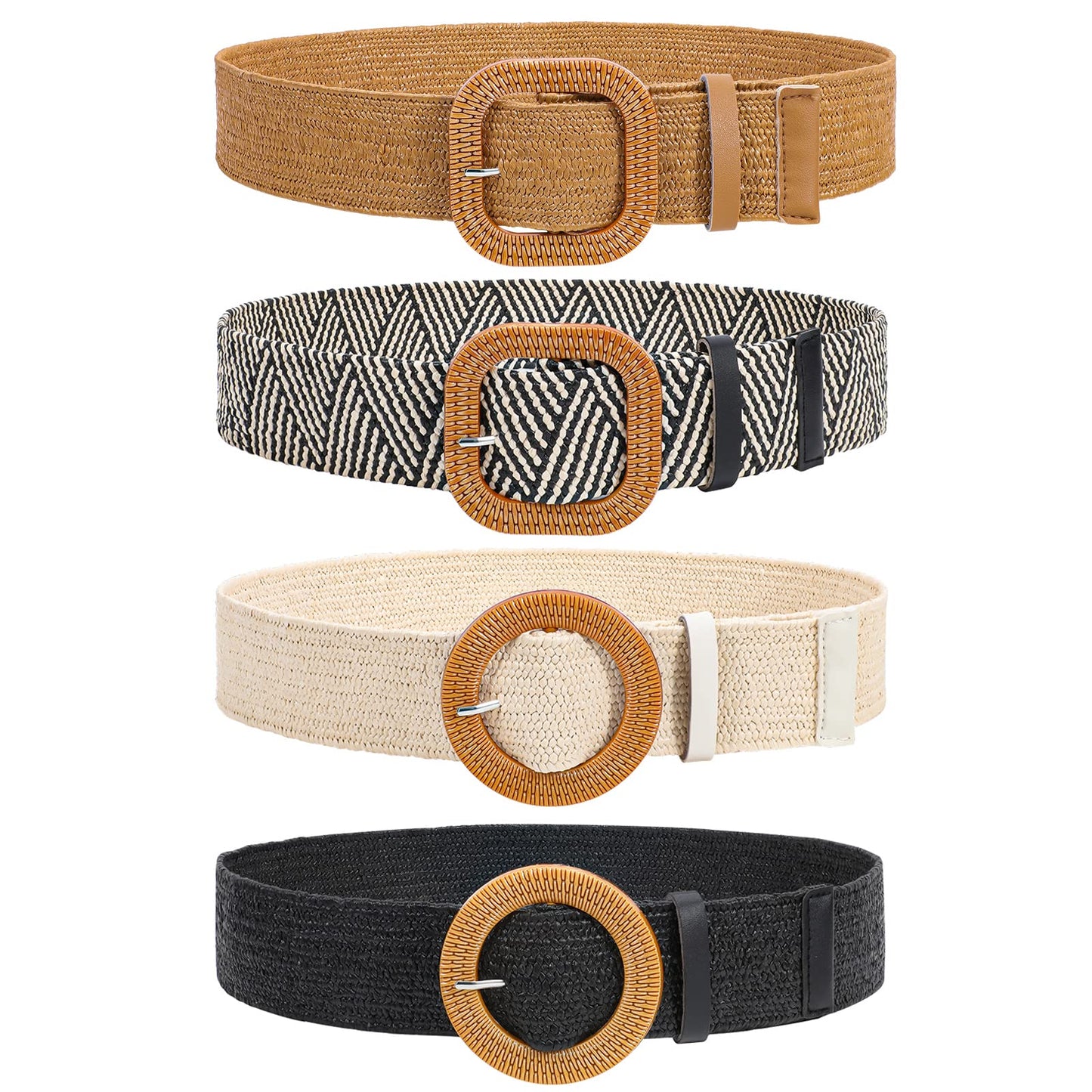 HOTVONMELLI 4 Pack Straw Woven Elastic Stretch Waist Belt for Women Fashion Dress, Boho Braided Women's Belts