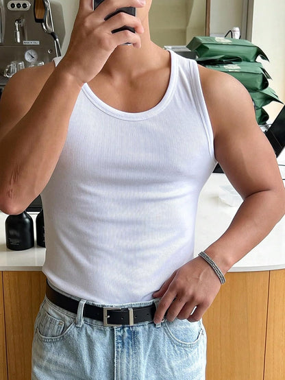 HOTCOZYEASE Men's Summer Sleeveless Tank Top Workout Gym Muscle Tank T Shirt | Workout Gym Casual Wear, Summer Basic Undershirt, Ribbed Knit Fabric, White Tank Top for Men