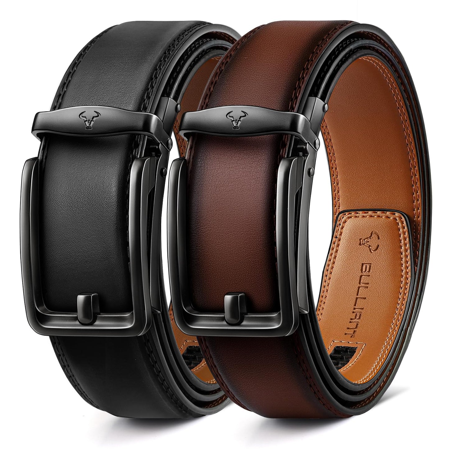 HOTBULLIANT Men Ratchet Belt 2 Pack, Click Sliding Leather Belt Adjustable for Gift Men Dress Casual Jeans 1 3/8,Cut for Fit