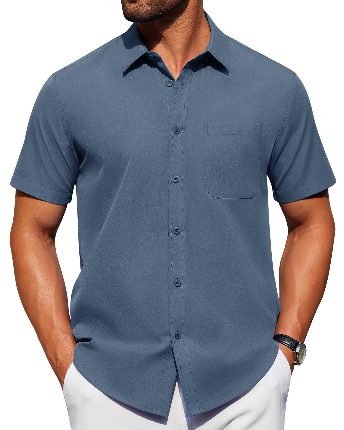HOTAlimens & Gentle Men's Short Sleeve Dress Shirts Wrinkle Free Untucked Casual Button Down Shirt